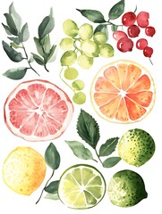 Watercolor painting of citrus fruits and berries.