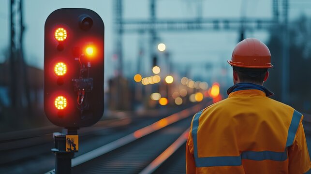 Rail signal technician calibrating track sensors. Featuring accuracy and transportation safety