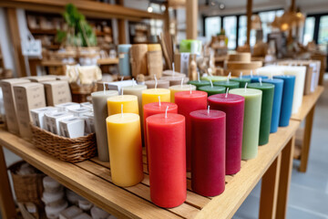 Colorful candles displayed on a wooden table in a cozy store filled with home decor items