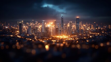 Nightfall over Metropolis: A sprawling cityscape comes alive with a mesmerizing symphony of lights, as dusk descends, transforming buildings into glowing beacons.