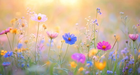 Vibrant meadow flowers in soft sunlight