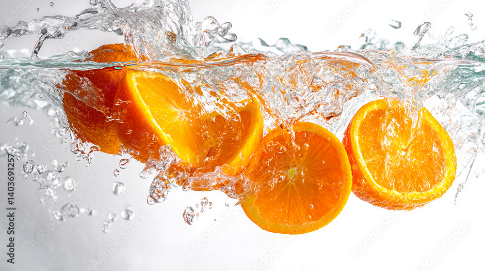 Poster orange slices splashing into water, creating dynamic water droplets and waves. represents freshness,