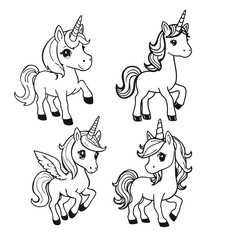 Cartoon unicorn set, vector unicorns, cute pony set, kids fantasy drawing, baby unicorns