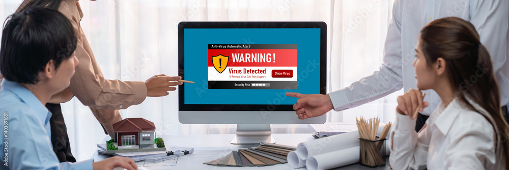 Poster virus warning alert on computer screen detected brisk cyber threat , hacker, computer virus and malw