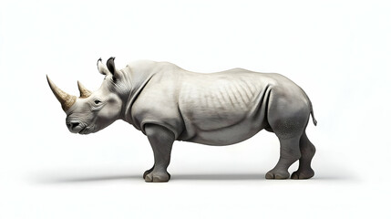 Fototapeta premium White Rhinoceros Isolated on a White Background in Side View with a Single Horn