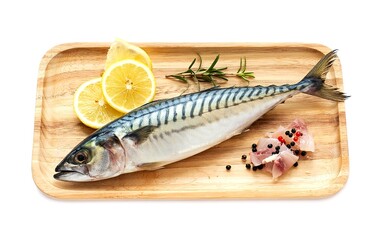 Fresh mackerel fish with square wooden tray isolated on white background