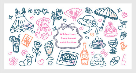 Whimsical Coquette Collection hand drawn vector set line art chalk and charcoal with romantic girly doodles, bows, sweets, flowers, and vintage picnic elements. Cute feminine aesthetic