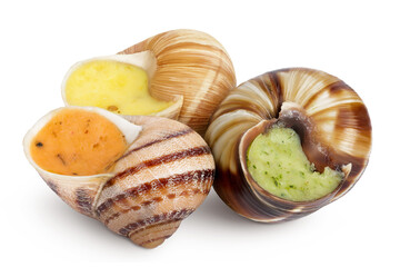 escargot snail filled with different fillings isolated on white background