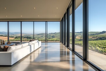 A modern home on a hilltop with floor-to-ceiling windows offering breathtaking views of an expansive vineyard and rolling hills in the distance