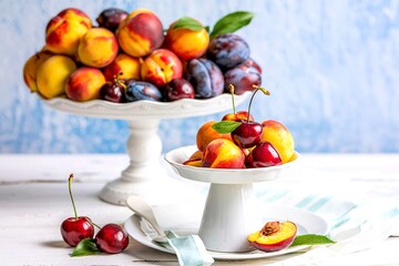 Fresh stone fruits cherries peaches plums on dessert plate