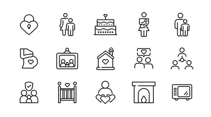 Family relation line icon set. Couple, mother, love, photo album, child, children, adoption outline icon collection. UI thin outline icon pack