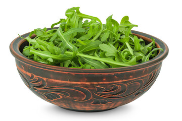 Heap of green fresh rucola or arugula leaf in ceramic bowl isolated on white background