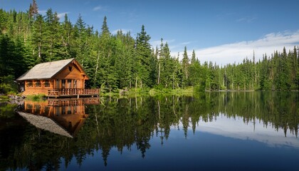 secluded wooden cabin on tranquil lake mirrored reflection in still water surrounded by lush green forest