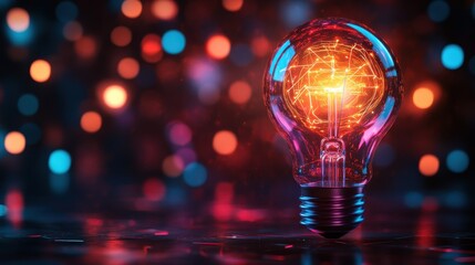 Glowing light bulb with vibrant bokeh background