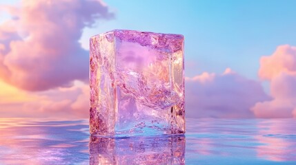 Mystical Cube in the Sky: An ethereal, translucent cube appears to levitate amidst a dreamy, pastel sky, shimmering with iridescent light and evoking a sense of serenity and wonder.