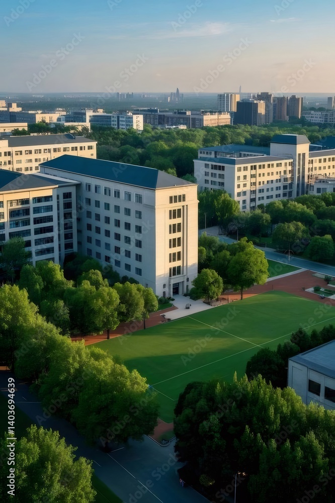 Aufkleber 高層ビルと緑豊かな公園 都市のパノラマビュー 青い空と日差しの風景