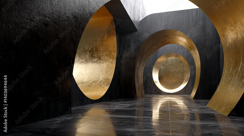 Poster abstract architectural scene showcasing black textured walls and gold circular openings, creating a 