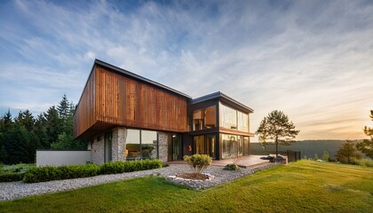 Obraz premium modern house with large windows and wooden siding
