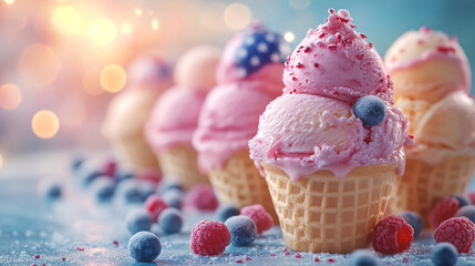 Delicious Ice Cream Cones with Fresh Berries and Vibrant Background Lighting