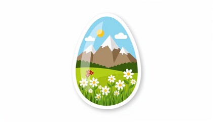 Fototapeta premium Easter egg shaped sticker with mountain landscape, sunny sky, green meadow and daisies, flat vector style for spring decoration