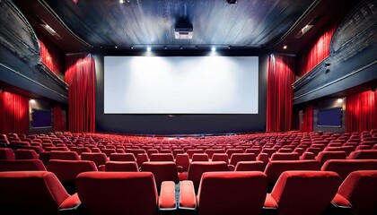 cinema auditorium with red seats and large white screen