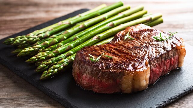 A beautifully presented steak alongside fresh asparagus on a slate plate, showcasing an appetizing and gourmet meal.