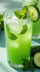 A vibrant drink made with mint and cucumber sits in a tall glass, garnished with fresh mint leaves and cucumber slices. Perfect for a warm day outdoors