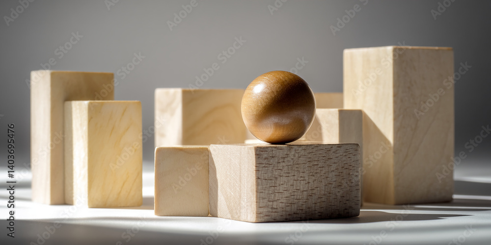 Poster wooden sphere atop smaller cube, surrounded by larger wooden blocks, creating a minimalist, geometri