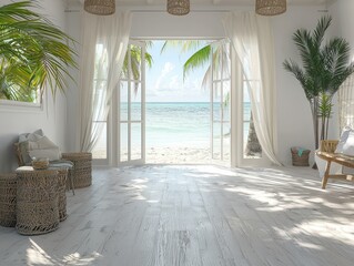 Tranquil coastal room with open doors to a beach, sunlight dappling the floor. Relaxing atmosphere with natural textures and serene view.