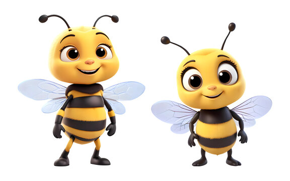 3d rendering cute bee cartoon characters isolated on transparent background, PNG file 