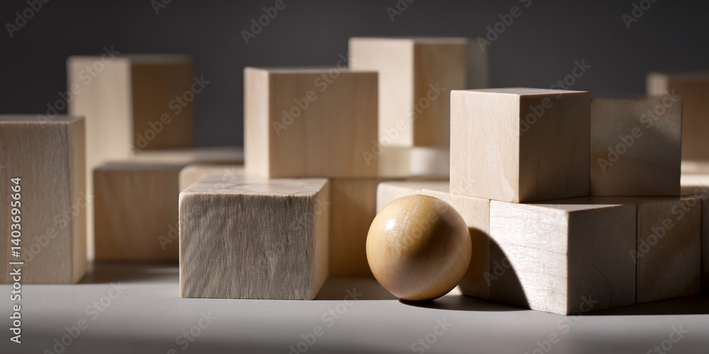 Poster light beige wooden cubes and sphere arrangement, showcasing a minimalist and abstract design concept