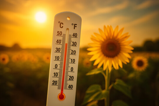 Sommerhitze im Sonnenblumenfeld &ndash; Thermometer zeigt extreme Temperaturen im Abendlicht
