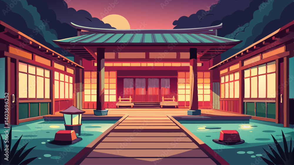Poster a drawing of a japanese house with a pond in front of it. the house is surrounded by trees and has a