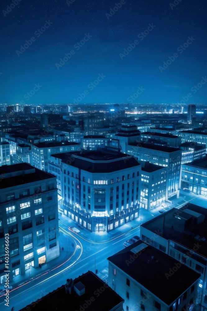Aufkleber 夜の都市のパノラマビュー 青いライトアップされた高層ビルと街の風景 空に輝く星々