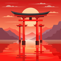 A beautiful sunset over a mountain range with a bridge in the foreground. The bridge is red and white and is surrounded by water. The scene is serene and peaceful