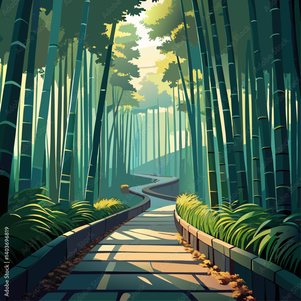 Poster a path through a forest with a bridge over a stream. the path is lined with trees and the bridge is 