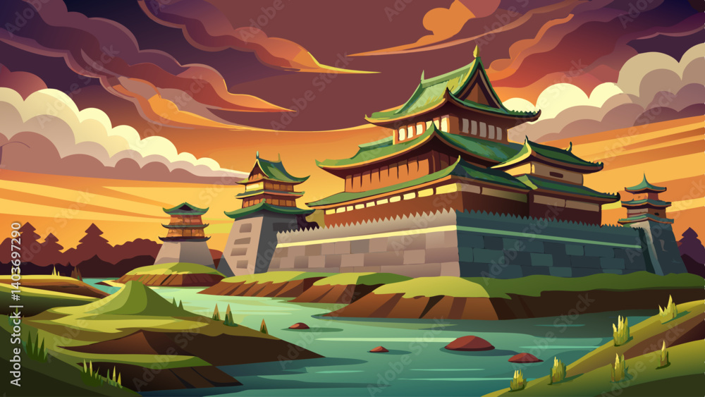 Poster a large building with a red roof and a large stone wall. the building is surrounded by trees and roc