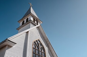Fototapeta premium White Church Steeple Against Clear Blue Sky. AI generated image