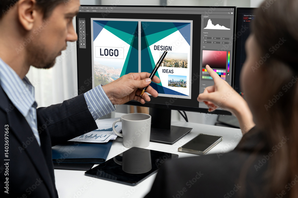 Poster graphic designer software for modern design of web page and commercial brisk ads showing on the comp