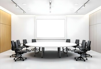 Empty conference room with a large round table surrounded by white chairs, a blank white screen on the wall, and bright lighting 
