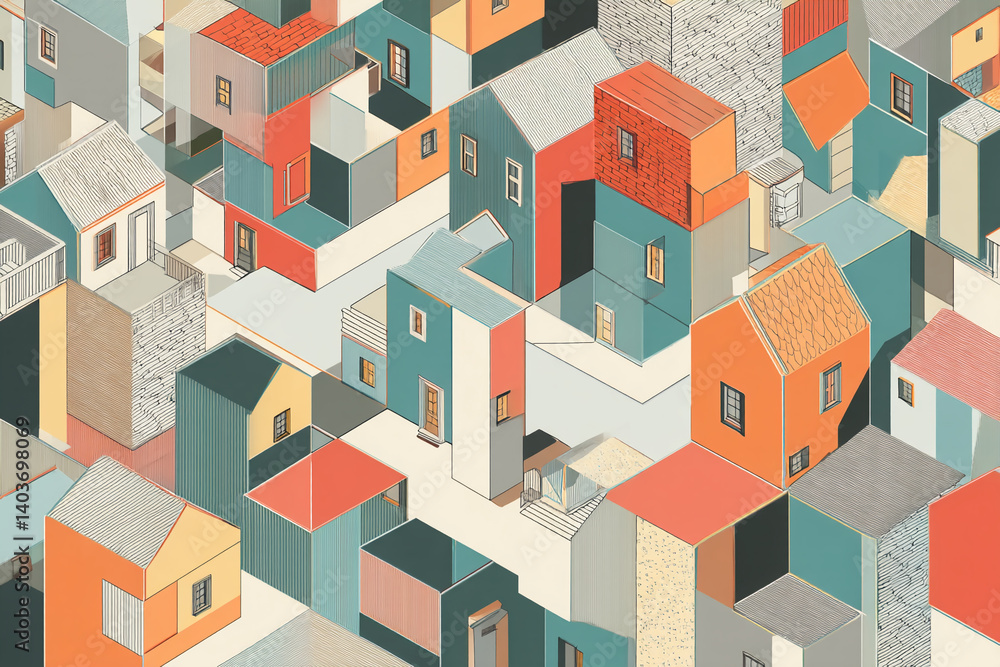 Aufkleber Abstract isometric illustration of colorful houses, creating a dense urban scene, showcasing architectural design and geometric patterns, ideal for design or architecture projects
