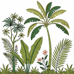 Tropical vintage botanical palm trees, banana tree, green plants floral seamless border white background. vector © Designer As HasiB