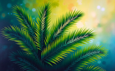 Fototapeta premium Watercolor palm branch illustration with golden highlights for Lulav, serene background