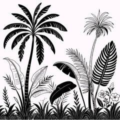 Tropical vintage botanical palm trees, banana tree, green plants floral seamless border white background. vector