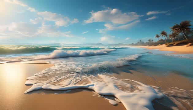 serene coastal beach scene with rolling waves and sandy shore