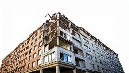earthquake damaged building isolated on white background