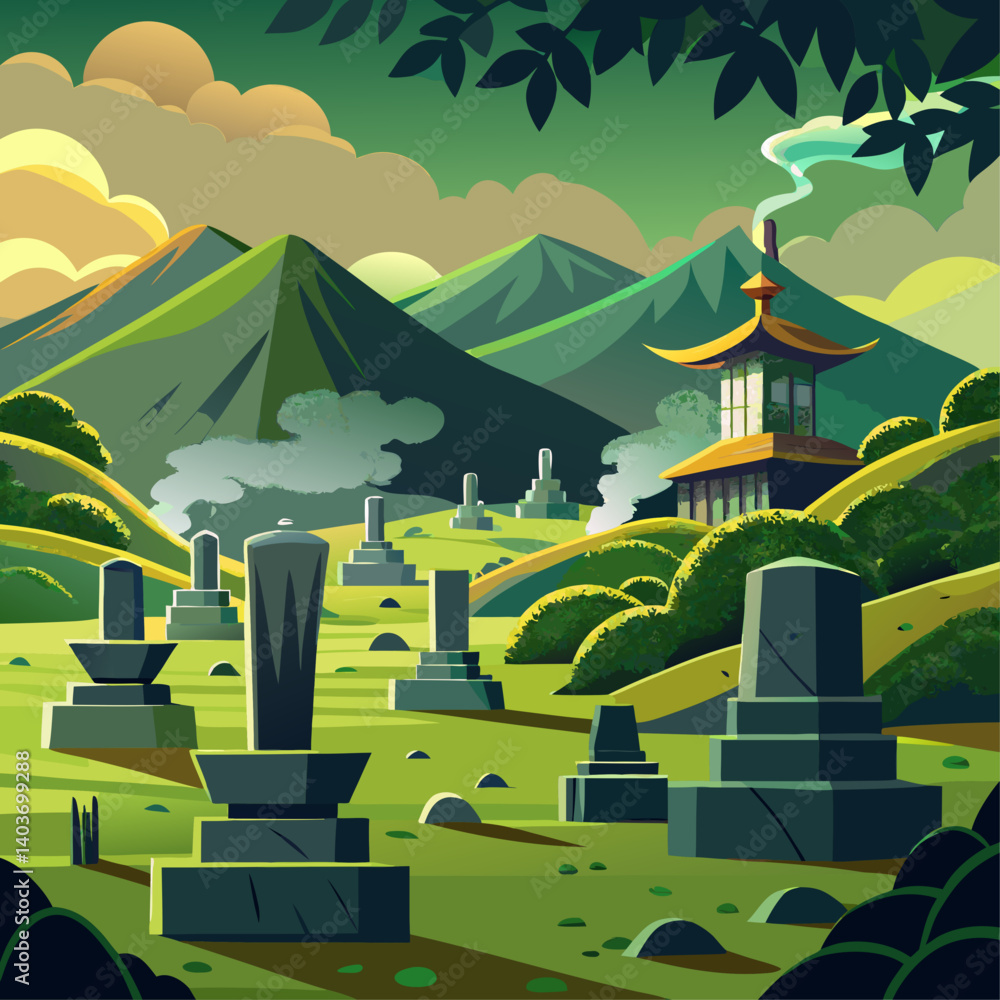 Poster a mountain range with a large building in the middle. the building is surrounded by many small cemet