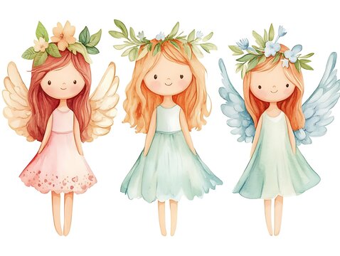 Three cute watercolor angels with flower crowns.