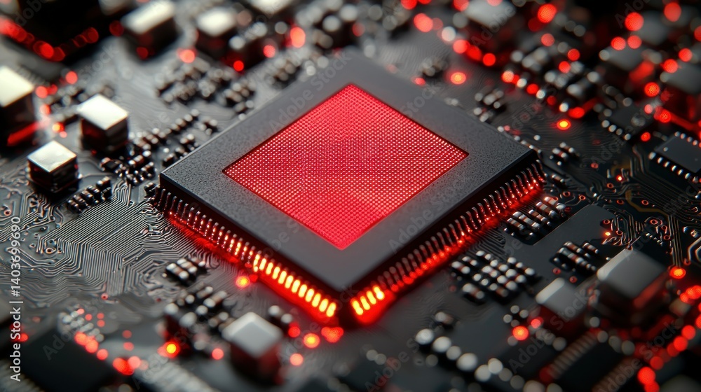 Poster close-up of a red illuminated microchip on a circuit board