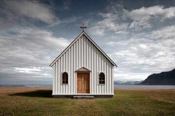 Small White Church in the Countryside. AI generated image
